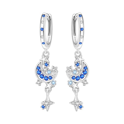 Blue Stars & Moon Color 925 Sterling Silver Drop Earrings For Women