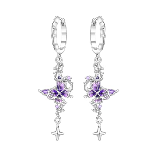 Purple Rose Butterfly Color 925 Sterling Silver Drop Earrings For Women