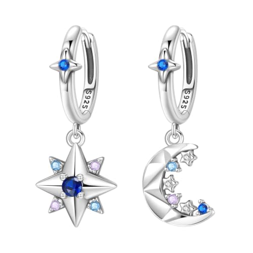 Sparkling Stars & Moon Color 925 Sterling Silver Drop Earrings For Women