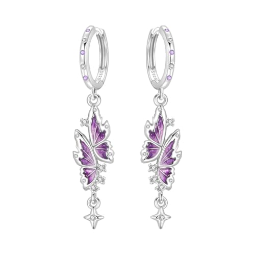 Purple Butterfly Color 925 Sterling Silver Drop Earrings For Women