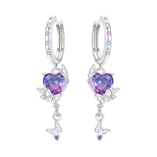 Butterfly & Rainbow Heart Color 925 Sterling Silver Drop Earrings For Women