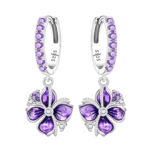 Purple Flower Color 925 Sterling Silver Drop Earrings For Women