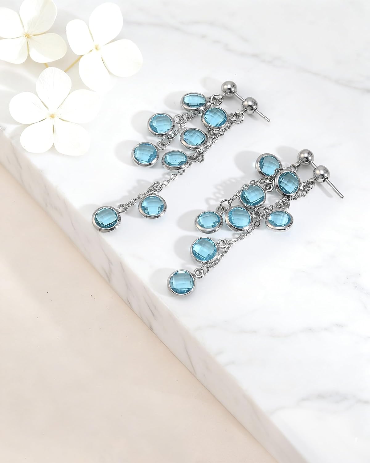 925 Sterling Silver Aquamarine Birthstone Dangle Earrings