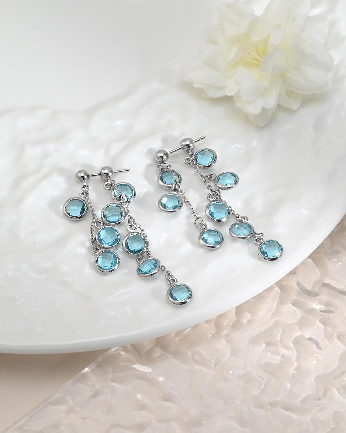 925 Sterling Silver Aquamarine Birthstone Dangle Earrings