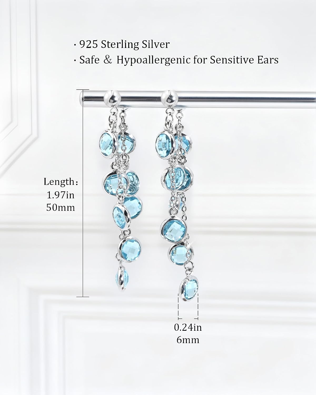925 Sterling Silver Aquamarine Birthstone Dangle Earrings