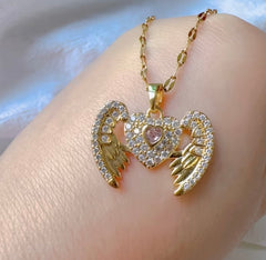 18K Gold Plated Heart Flying Wings Necklace