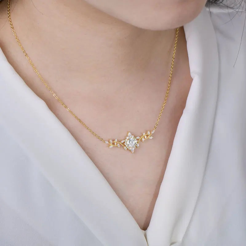 Moissanite Leaf Pendant Necklace 14K Gold Filled