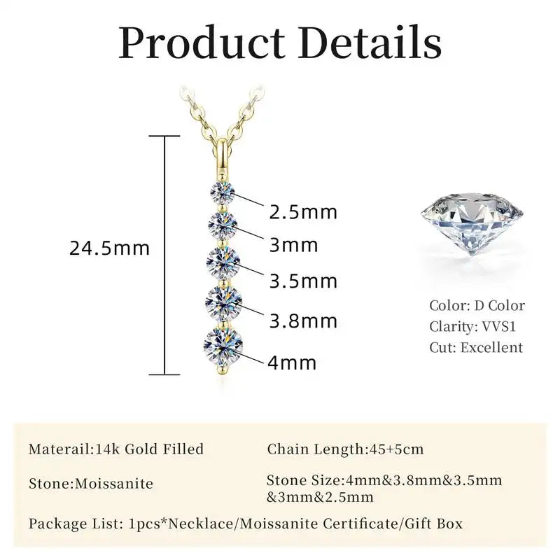 Gold color-1 Gem Color 5-Stone Moissanite Drop Necklace 14K Gold Filled