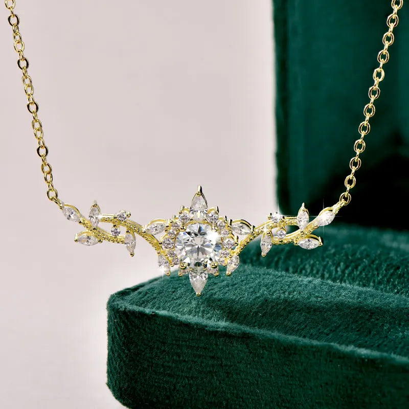 Moissanite Leaf Pendant Necklace 14K Gold Filled