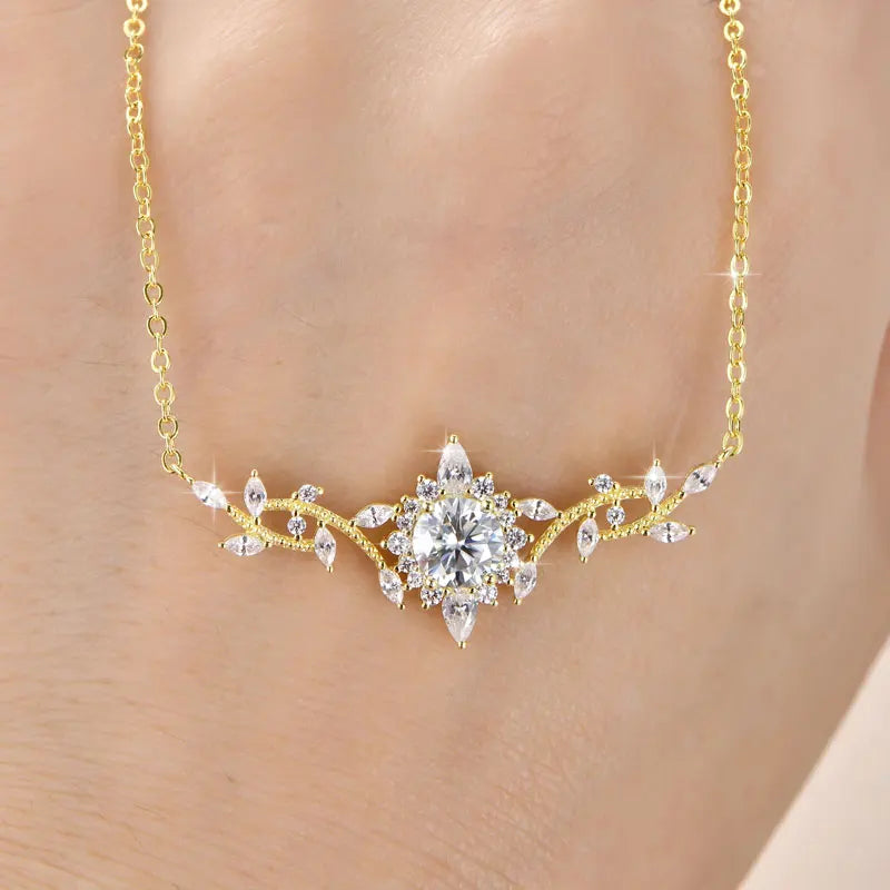 Moissanite Leaf Pendant Necklace 14K Gold Filled