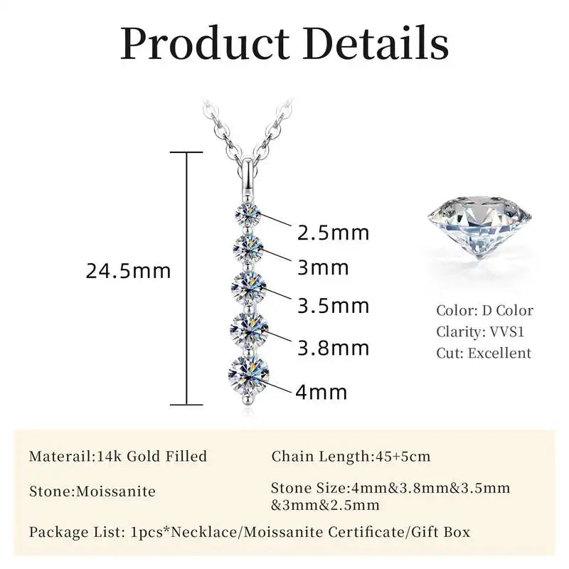 silver color-1 Gem Color 5-Stone Moissanite Drop Necklace 14K Gold Filled