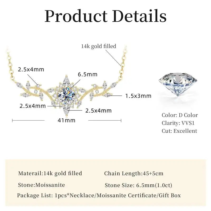 Moissanite Leaf Pendant Necklace 14K Gold Filled