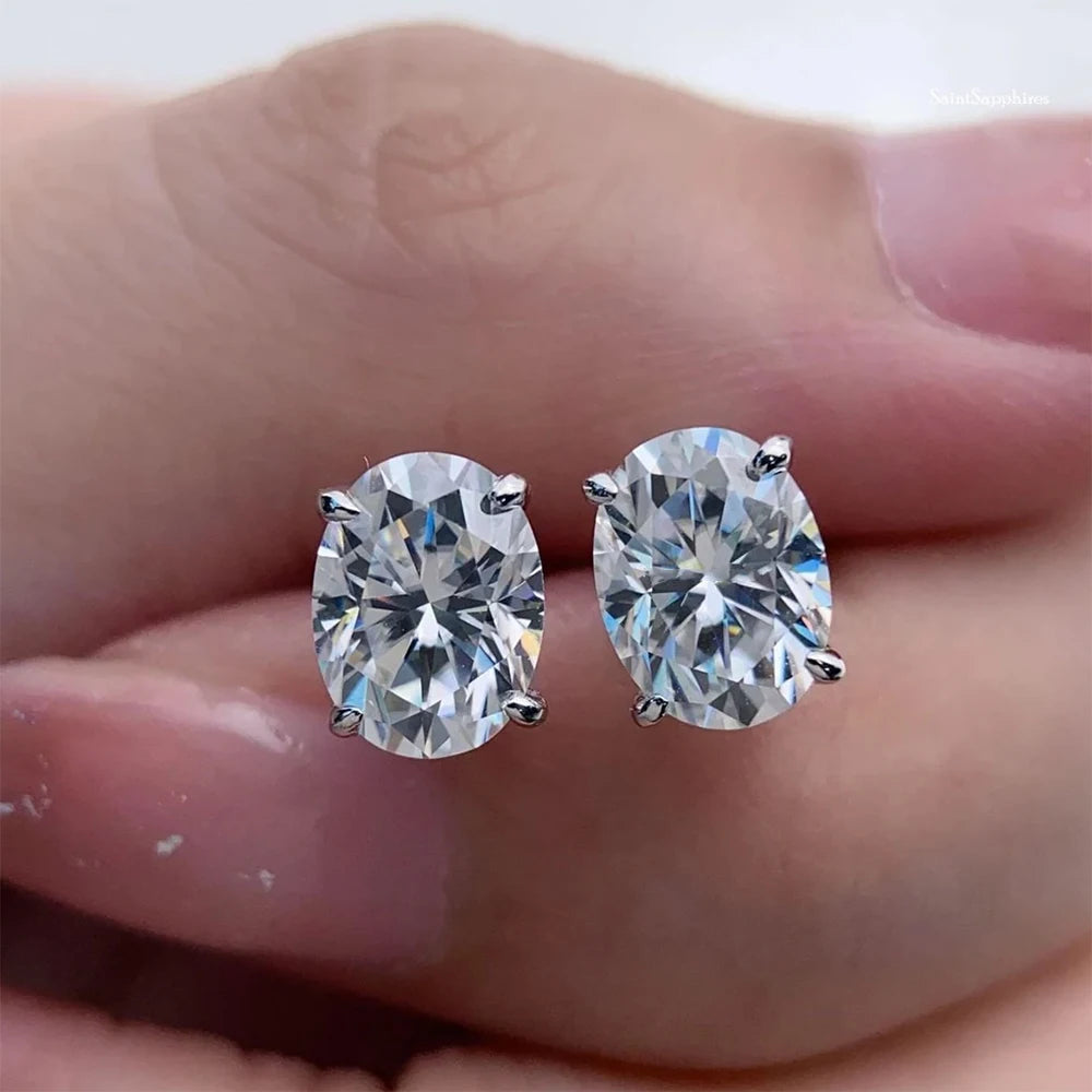 Silver Gem Color Oval Cut Moissanite Stud Earrings 925 Sterling Silver