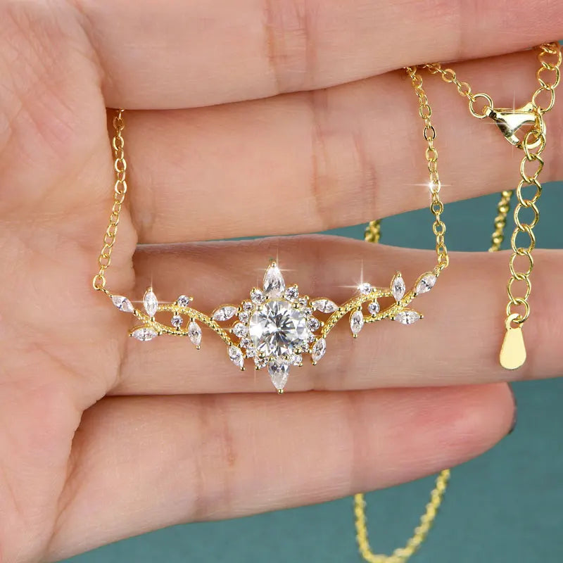 Moissanite Leaf Pendant Necklace 14K Gold Filled